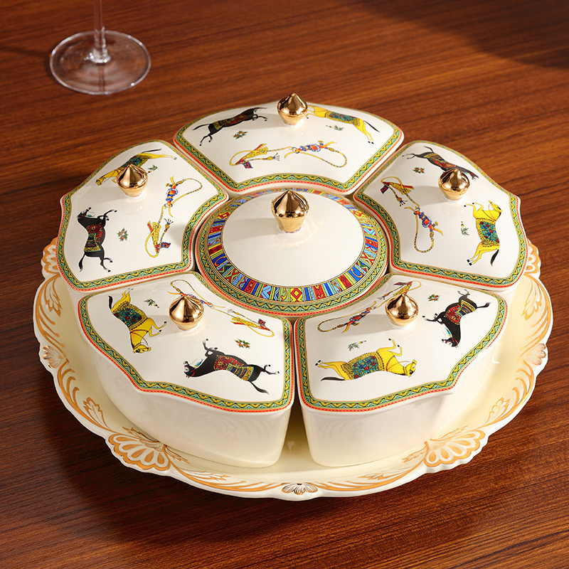 Rotating candy box European-style dry fruit tray Lattice Snack Box Home Melon box Living room Modern Creative Ceramic Fruit Tray