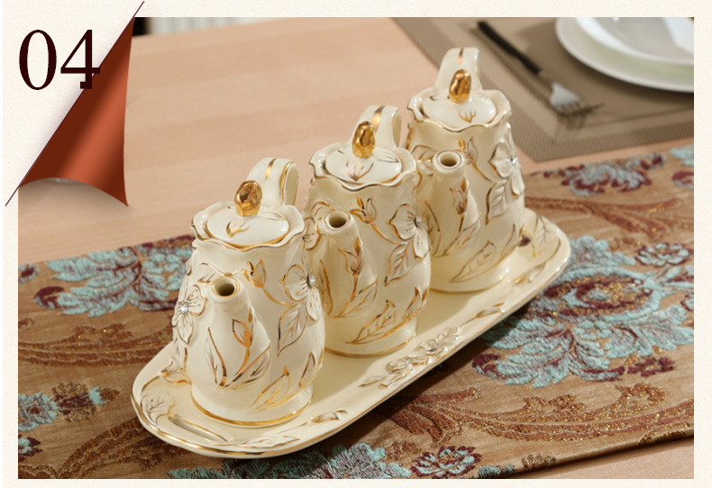 European ceramic oil can suit caster leakproof capped vinegar bottle creative kitchen seasoning box with a cover on it