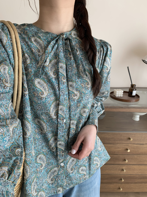 British Liberty Green Paisley Lace-Up Shirt High-Thread-Count Cotton Spring/Summer British-Style Long-Sleeve Floral Top