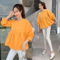  Pregnant womens t-shirt Autumn fashion Korean version of the western style cute doll shirt top short loose shirt two-piece suit