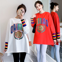  Pregnant womens autumn suit fashion western style loose tide mother t-shirt womens sweater autumn mid-length top dress
