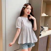 Maternity shirt shirt Summer short-sleeved Korean striped short doll shirt Short loose t-shirt two-piece suit