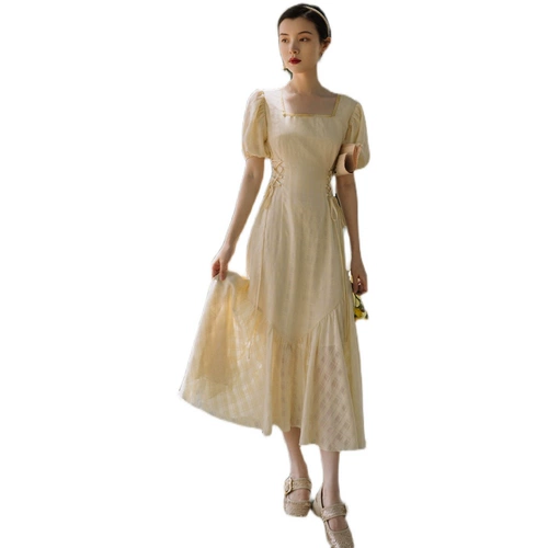 Атмосферный корсет, желтое летнее платье, длинная юбка, французский стиль, изысканный стиль