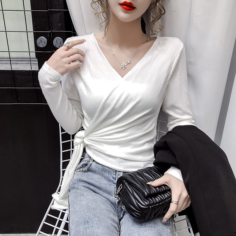 ocnltiy 2023 new knitted sweatshirt woman slim fit sexy V collar cross strap long sleeve blouse-Taobao
