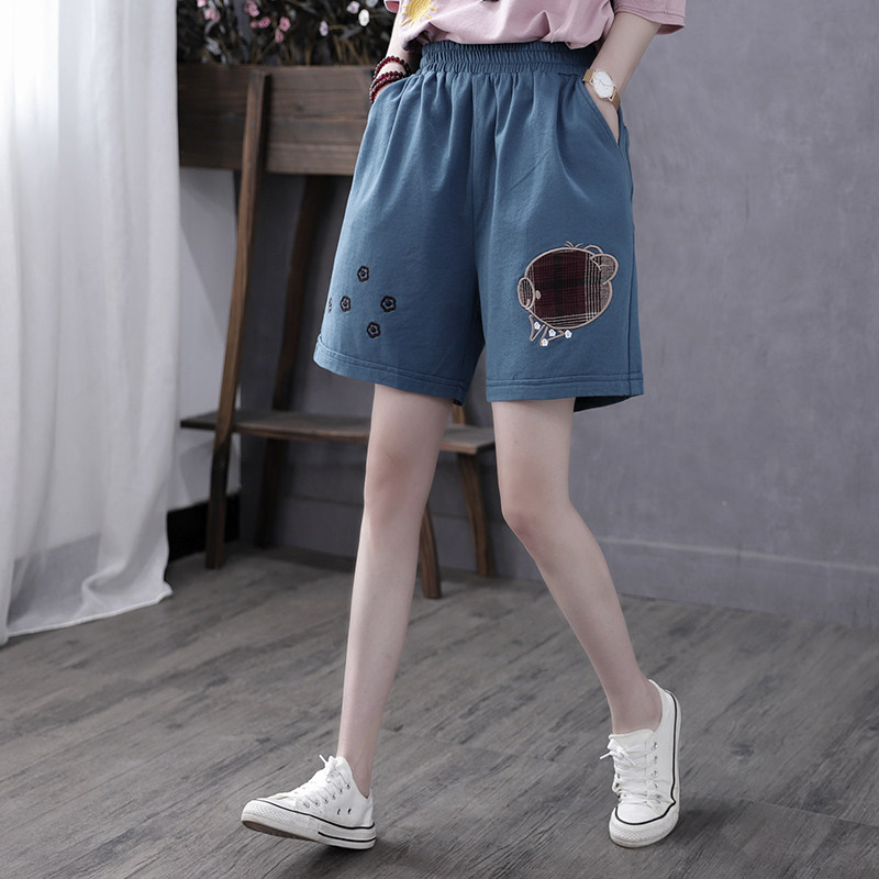 Han Soyi Retro Art Summer New Cloth Appliquer Embroidered Shorts Woman Loose High Waist 50% Pants Casual Straight Drum Pants