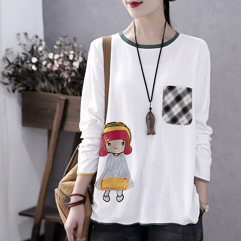 Han Soyi retro art early autumn new cloth appliquary embroidered long sleeve T-shirt female loose with lazy wind round collar blouses