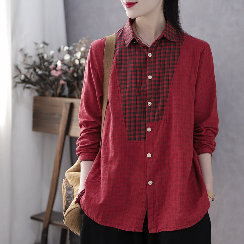 Han Suoyi retro literature and art spring and autumn new top base shirt cotton and linen plaid shirt women's long-sleeved Hong Kong taste thin