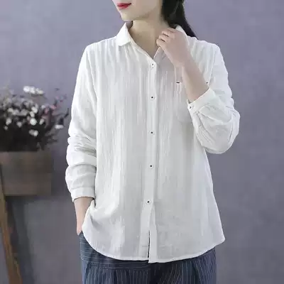 Han Suoyi literary and artistic fresh spring new white cotton and linen shirt women's long-sleeved Korean loose solid color inner clothes