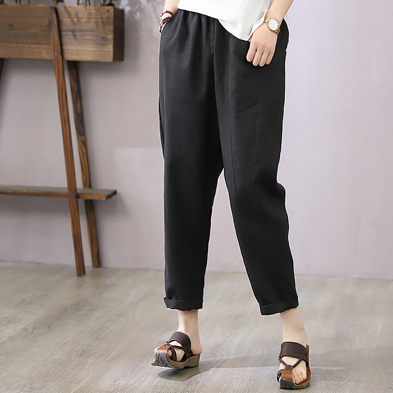 Han Soyi Retro Art Summer New Pure Color Cotton Linen Casual Pants Loose slim and high waist 70% Harun pants