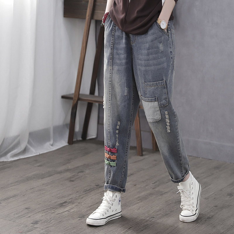 Han Soyi Retro Art Spring Autumn Season New Disc Buckle Jeans Woman Loose Kharen Pants Tightness High Waist 90% Pants