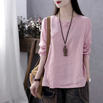 Han Suoyi retro art autumn new linen long sleeve T-shirt women loose round neck embroidered top base shirt