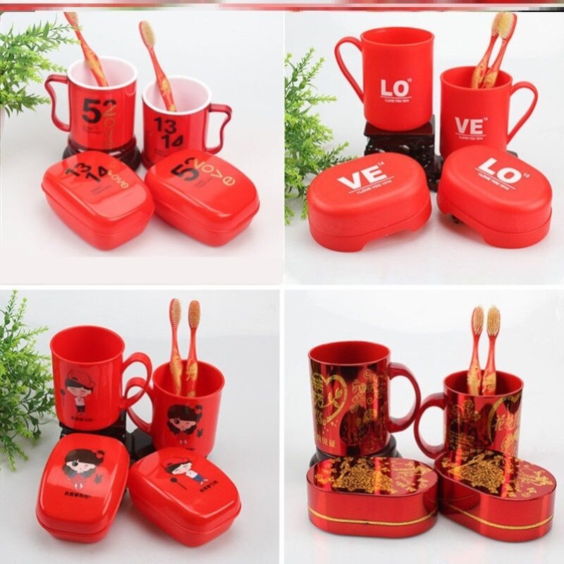 Tooth Brushing Cup Red Couple of wedding Plastics Creative New Wedding Set of upscale Twin Happy Couple's Tooth Vat Wedding Soap Box-Taobao