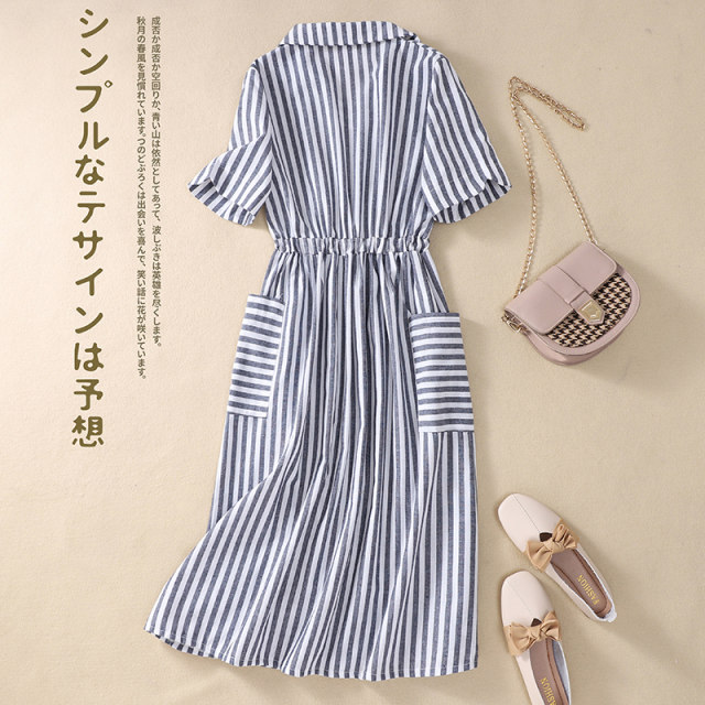 2023 new summer women's literary striped cotton shirt dress large size loose waist slimming short-sleeved dress