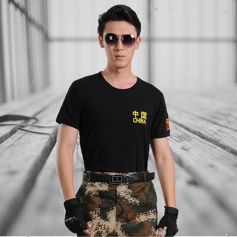 Summer Embroidered Chinese Wolf Head Round Neck Black Short Sleeve T-Shirt Cotton Tight Fitness Training Camouflage Half Sleeve T-Shirt