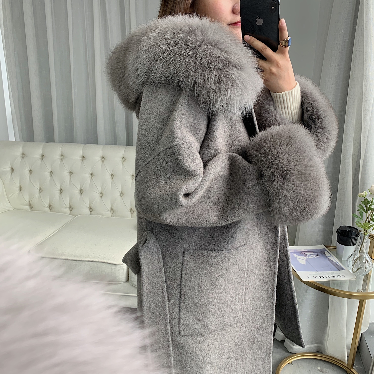 2021 autumn winter new fox fur big fur collar even cap bifacial cashmere coat with woolen suede jacket woman