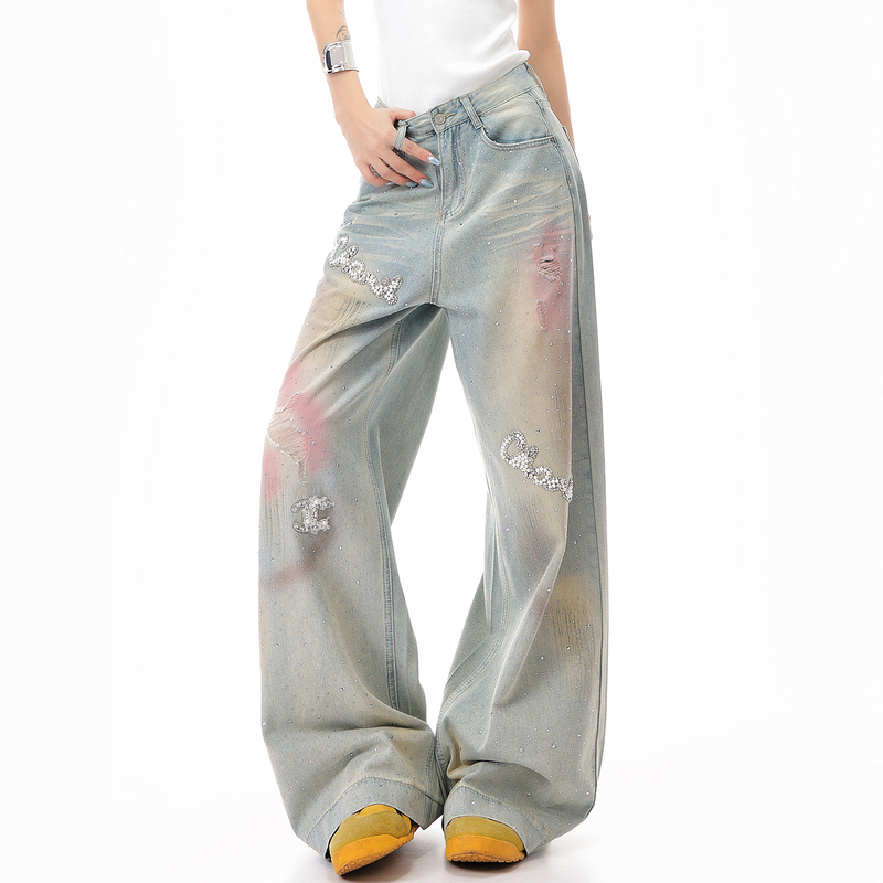Kenabstudio Summer New Vintage Washed Rhinestone Jeans for Women High-Waisted Ripped Distressed Wide-Leg Pants