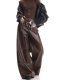 Kenabstudio Spring and Autumn New Coffee-Colored Woven Leather Pants for Women, Loose and Versatile Wide-Leg Casual Pants, Long Trousers