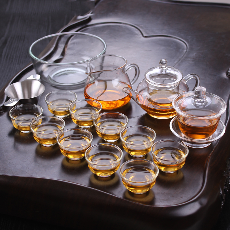 High-Temperature Resistant Glass Kung Fu Tea Set for Home Use, Transparent and Simple, Complete Set with Mini Teapot, Small Tea Cups, and Tea Brewing Vessel