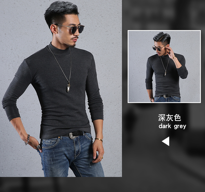 Mùa thu Slim màu rắn nửa cao cổ áo dài tay t-shirt nam cotton tight-fitting đáy xu hướng áo sơ mi trong cổ áo mùa thu quần áo kích thước lớn triều