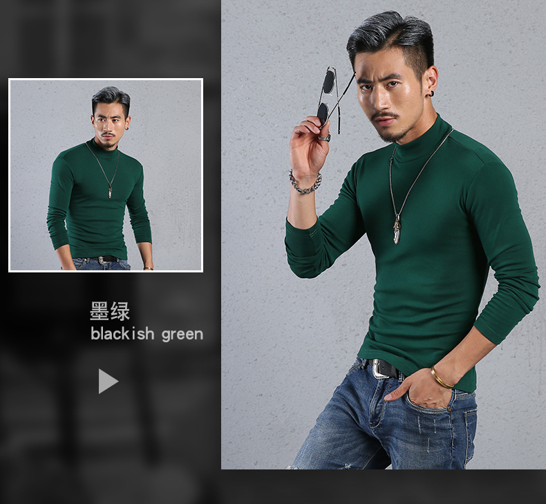 Mùa thu Slim màu rắn nửa cao cổ áo dài tay t-shirt nam cotton tight-fitting đáy xu hướng áo sơ mi trong cổ áo mùa thu quần áo kích thước lớn triều