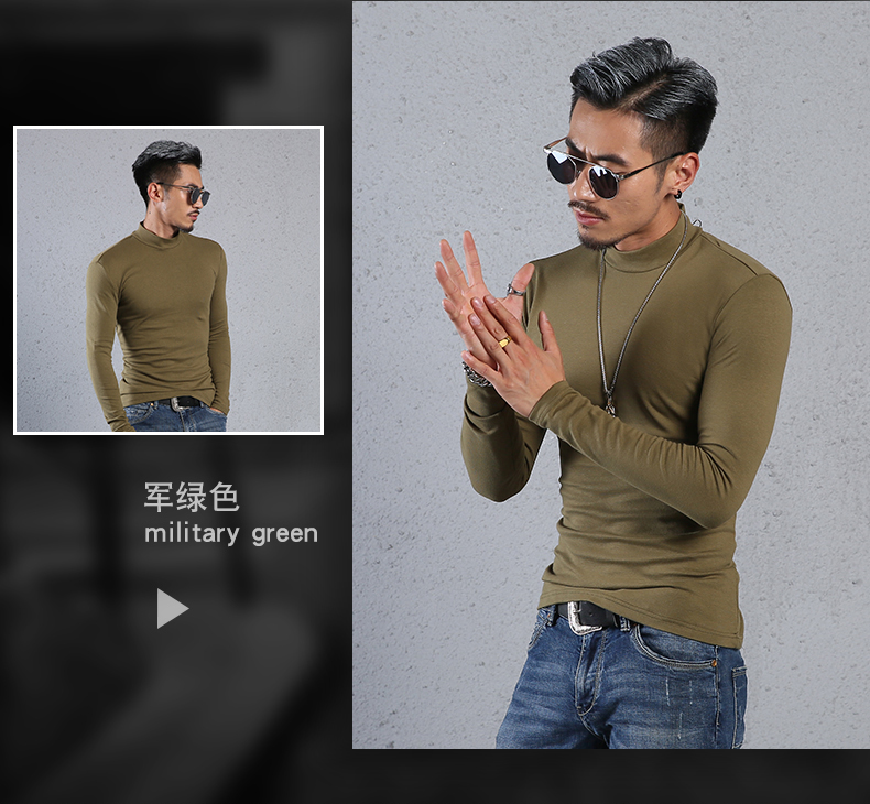 Mùa thu Slim màu rắn nửa cao cổ áo dài tay t-shirt nam cotton tight-fitting đáy xu hướng áo sơ mi trong cổ áo mùa thu quần áo kích thước lớn triều