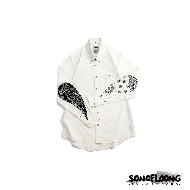Sonofl All-Cotton Oxford Vintage Shirt with Water Drop Black and White Tai Chi Paisley Pattern Albacore Shirt
