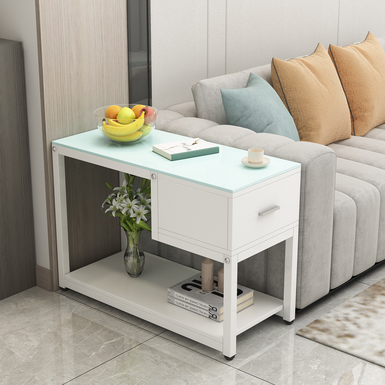 Simple and light luxury tempered glass sofa side table living room bedroom storage cabinet tea table telephone several Nordic wrought iron corner cabinet