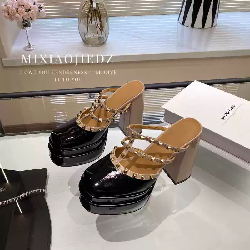 Женские летние новые стиль sandals для верхней одежды 13см цветной блок rivet высокие каблуки водонепроницаемая платформа носок-носок сандалии толстая подошва женские туфли