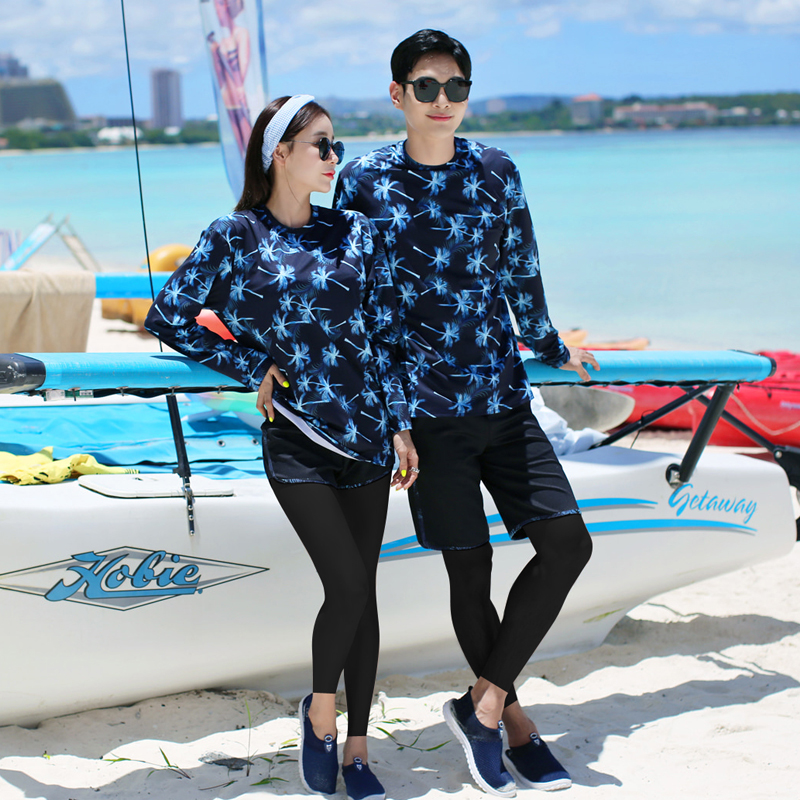 Wetsuit couple 2019 new print long-sleeved sunscreen jellyfish suit surfing swimsuit men's two-piece snorkeling suit