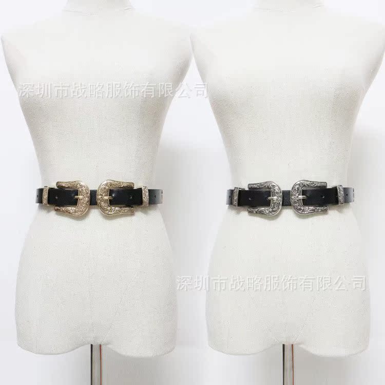 Cổ điển hai đầu chạm khắc thời trang bạc khóa nữ pin khóa thắt lưng nữ giản dị quần hoang dã đai đen châu Âu và Mỹ đai mỏng - Thắt lưng dây thắt lưng nữ