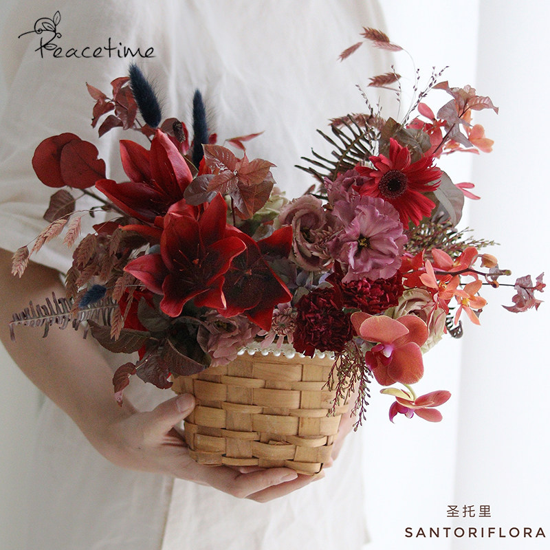 peacetime wood piece woven basket pearl decoration gift basket flower flower basket