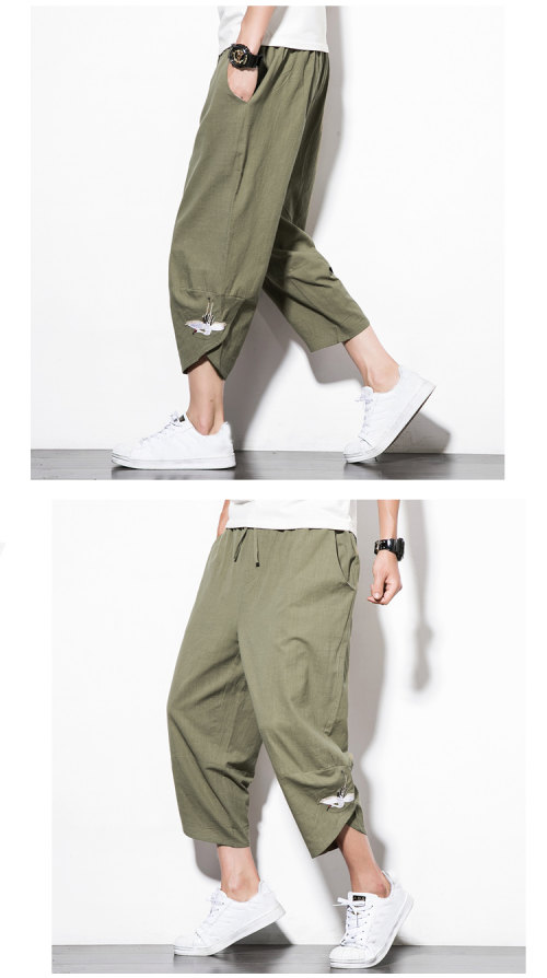 Phong cách Trung Quốc mùa hè bảy quần short trẻ trung kích thước lớn cotton và lanh rộng chân rộng quần chín thêu thêu quần áo nam