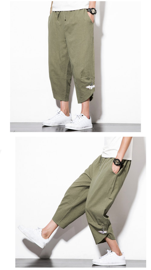 Phong cách Trung Quốc mùa hè bảy quần short trẻ trung kích thước lớn cotton và lanh rộng chân rộng quần chín thêu thêu quần áo nam