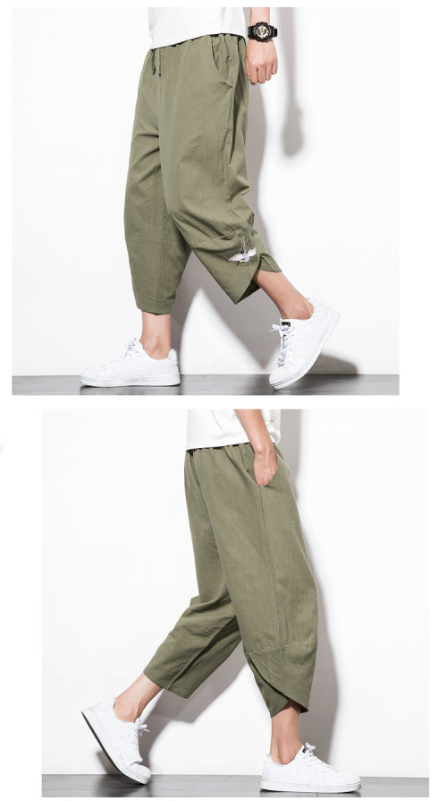 Phong cách Trung Quốc mùa hè bảy quần short trẻ trung kích thước lớn cotton và lanh rộng chân rộng quần chín thêu thêu quần áo nam