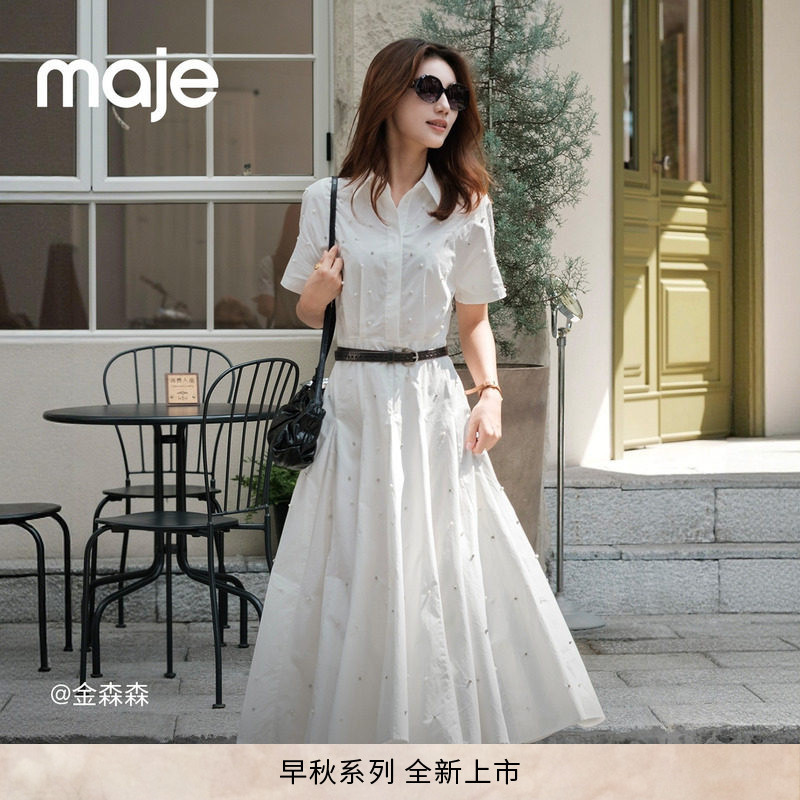 Maje2026 Early Autumn New French Fashion Style Dress with Faux Rhinestone Craftsmanship and Faux Pearl Embellishments, Turn-Down Collar, Short Sleeves, and Long Length Maje2026 Early Autumn New French Fashion Style Dress with Faux Rhinestone Craftsmanship and Faux Pearl Embellishments, Turn-Down Collar, Short Sleeves, and Long Length