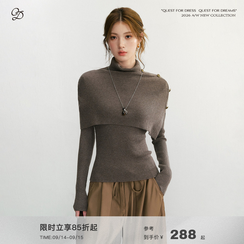 Qdqd Elegant Design Sweater High-Neck Knit Blouse Two-Piece Set Gray Textured Slim-Fit Sweater
