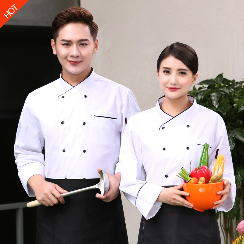 Chefs suit men's long sleeves fall winter clothing partial collar printed word hotel fire pot shop catering after kitchen chefs suit women
