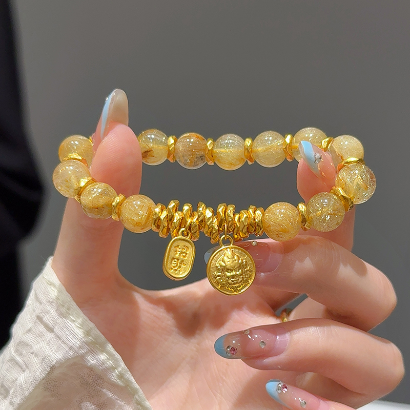 Yellow Gold Fortune Hair Crystal Bracelet Fashionable Light Luxury Gold-Plated Silver Wealth-Attracting Beads Good Luck Charm Bracelet Gift for Girlfriend