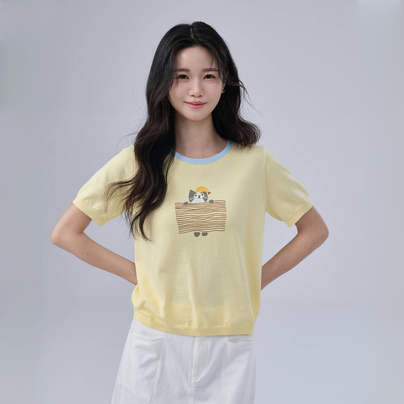 【Mi Gongzi】【Pastel Color-Block Cat Knit Sweater】Inman 26 Summer Round Neck Thin Pullover Sweater
