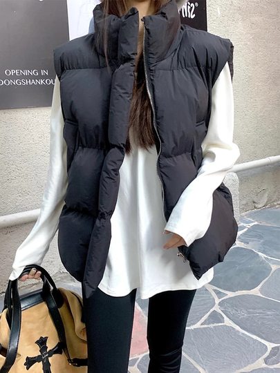 Stehkragen, weiße Oberbekleidung, Baumwollweste, Damen-Winter, lässig, locker, vielseitig, schwarzer Mantel, ärmelloses Weste-Top