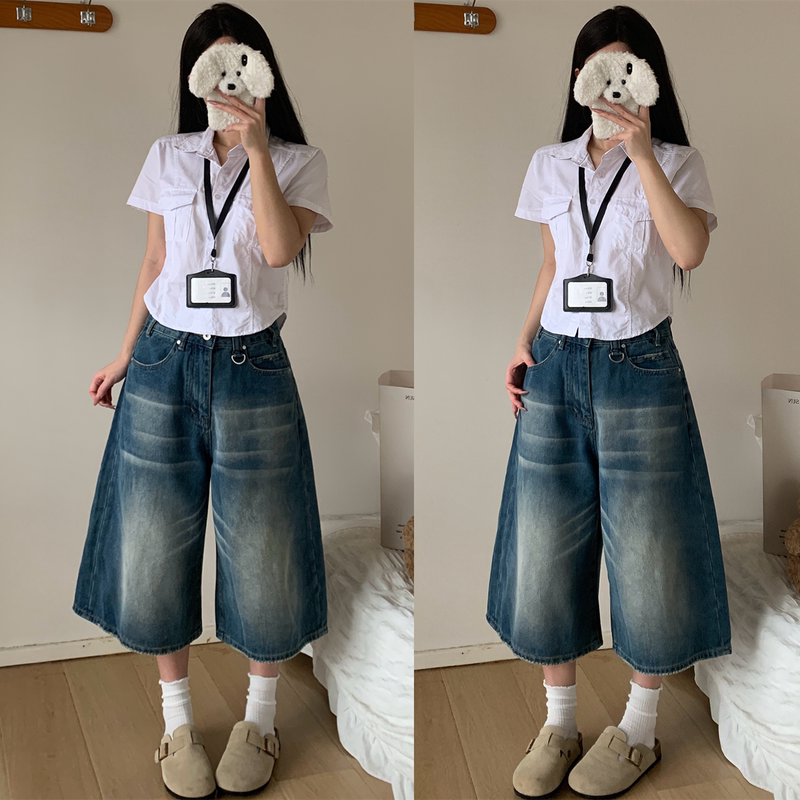 [Planet] American Retro Washed Distressed Denim Shorts for Women, Summer Loose Fit, Three-Quarter Straight Wide-Leg Mid-Length Pants