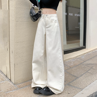 Spring and Autumn New Style Petite White Straight-Leg Jeans for Women, High-Waisted, Slimming, Breathable, Loose, Drapey, Floor-Length Wide-Leg Pants