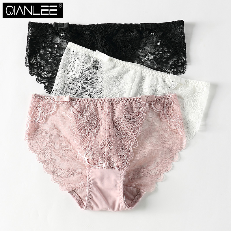 3 mid-rise ladies panties lace fabric sexy sheer markless summer thin girl cotton crotch white briefs