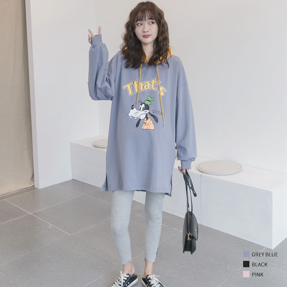Pregnancy Woman Dress Spring Autumn jacket South Korean casual cartoon printed long sleeve loose with long version even cap pregnant women's necropolis