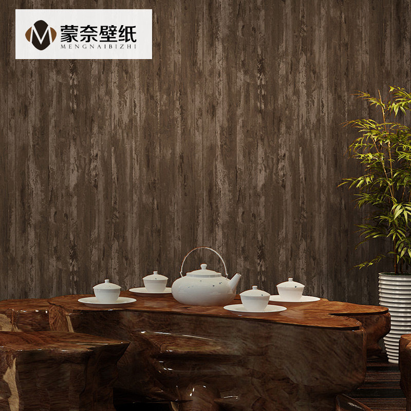 Vintage Chinese wood grain wallpaper classical dining room background Chinese style hotel ancient style imitation wood bar wallpaper wood color
