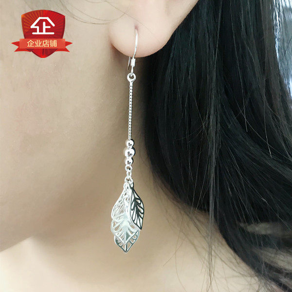 Pure silver 999 earrings Pendant Temperament Earrings Leaf Drop Earrings Fashion Pop Earrings Long version Stream Su Conspicuous Ear Accessories