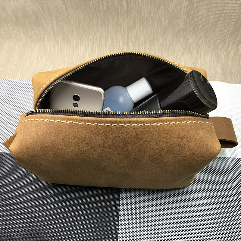 Retro handmade leather cosmetic bag wash bag men's and women's high-end first layer cowhide business travel storage bag large capacity