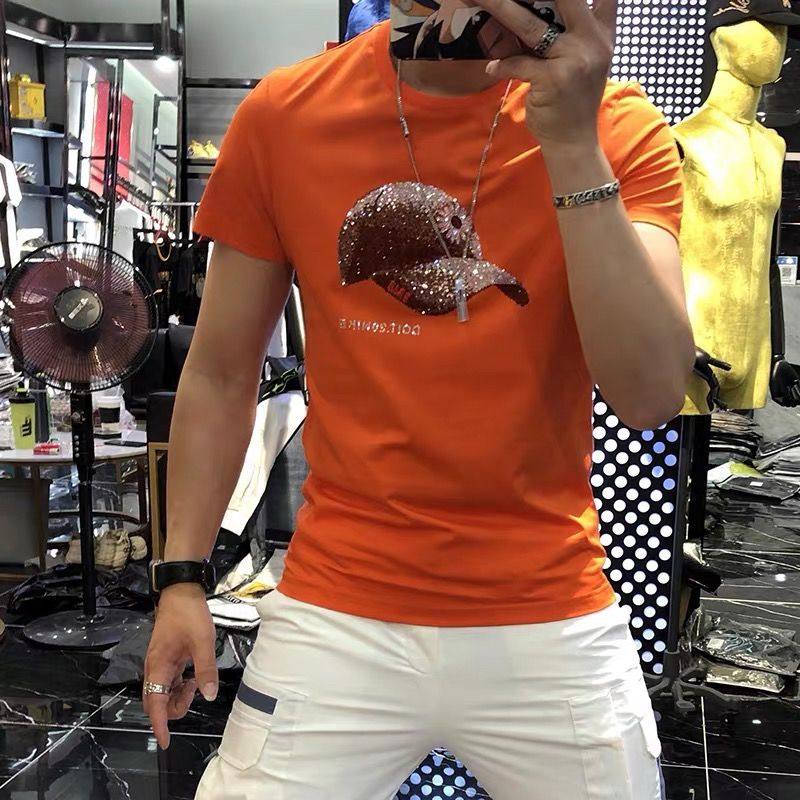 Summer 2021 New European Station Tide Hat Hot Diamond Short Sleeve Net Red Personality Trend Slim Half Sleeve T-Shirt Man