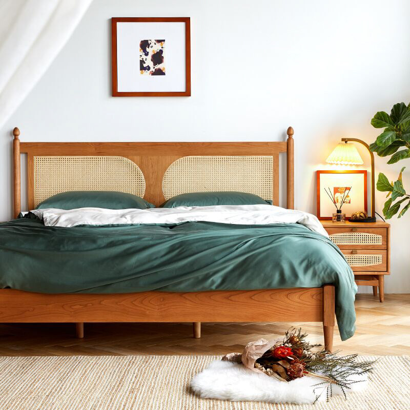 Nordic retro rattan choreography cherry wood solid wood small family type Japanese style double wedding bed 1 8 m 1 5 cherry wood furniture