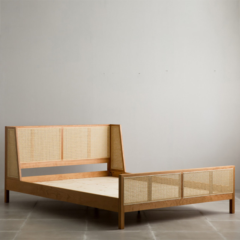 Nordic Japanese solid wood double bed Vintage rattan bed simple modern oak cherry wood master bed 1.8 wedding bed